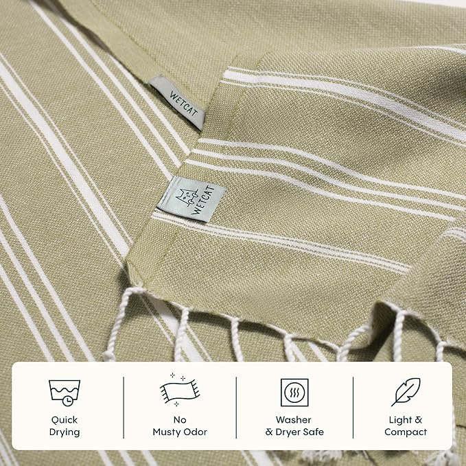 WETCAT Turkish Hand Towels with Hanging Loop, Set of 2 (20" x 30") 100% Turkish Cotton, Pre-Washed, Quick Drying, for Kitchen or Bathroom - Sage Green