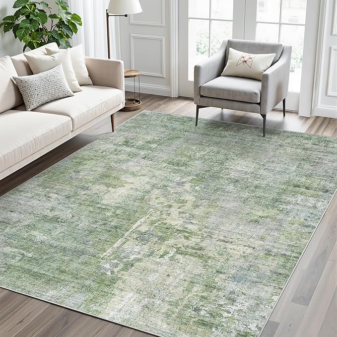 Abstract Rug 5x7 Machine Washable Area Indoor Green Low Pile Non-Slip Foldable Thin Accent Rugs for Bedroom Living Room Dining Room