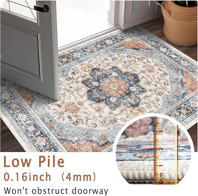 vivorug 9x12 Area Rugs for Living Room, Non Slip Machine Washable Vintage Rug, Ultra-Thin Lightweight Large Area Rug for Bedroom, Dining Room, Low Pile Rug Orange/Navy