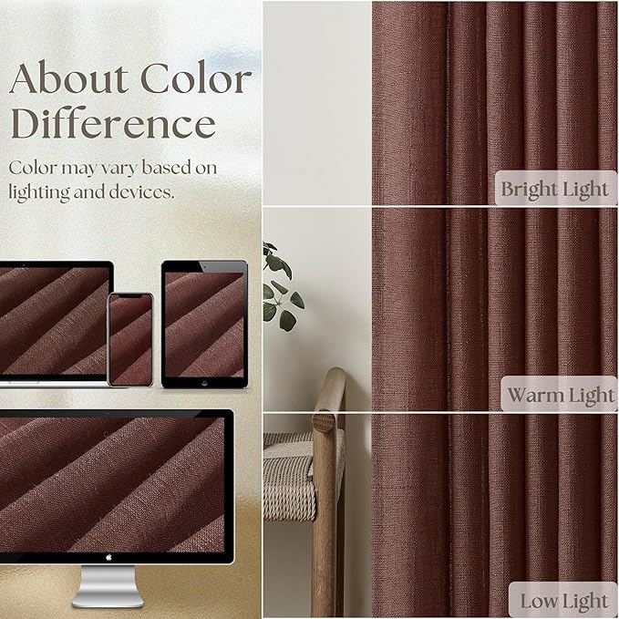 Chestnut Brown Linen Pinch Pleated Curtains 120 Inches Long for Living Room Pleated Drapes Back Tab Thick Linen Dark Terracotta Rust Farmhouse Country Extra Long 120 Inch Curtain for Dining Bedroom