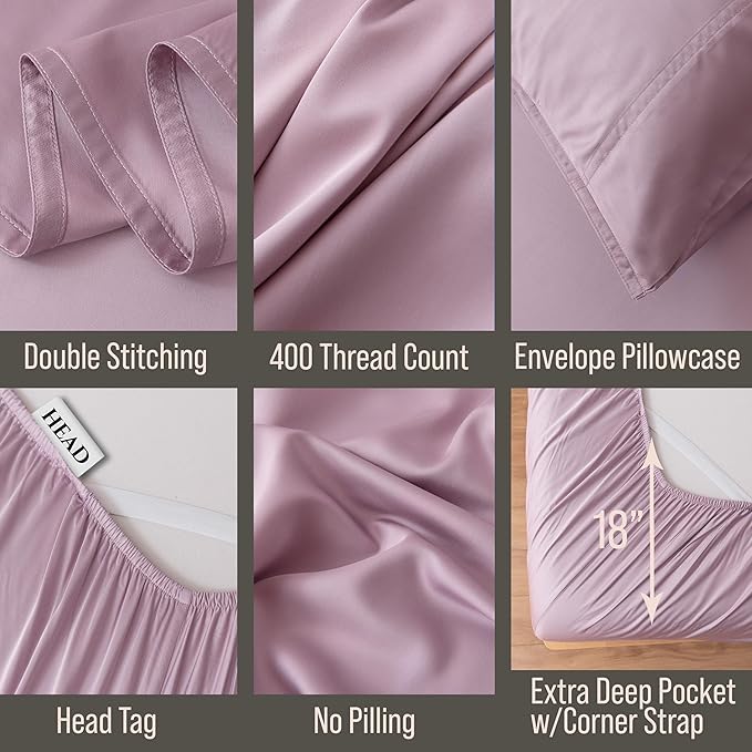 Bella Coterie 6 Piece Luxury Bamboo Viscose Queen Size Sheet Set | 100% Organically Grown | Cooling for Hot Sleepers | 18" Deep Pocket | Soft & Hypoallergenic | 4 Pillowcases [Lilac]