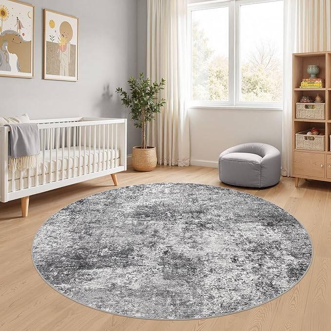 6ft Round Area Rug Living Room Rugs - 6x6 Washable Large Soft Indoor Neutral Modern Abstract Low Pile Rug Carpet for Bedroom Dining Room Farmhouse Home Office - Grey