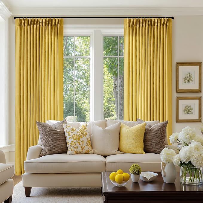 Farmhouse Mustard Yellow Linen Curtains 102 Inches Long for Living Room Pinch Pleated Drape with Hooks Rings for Track System Light Filtering 102 Inch Curtain for Bedroom Sliding Patio Door 2 Panels