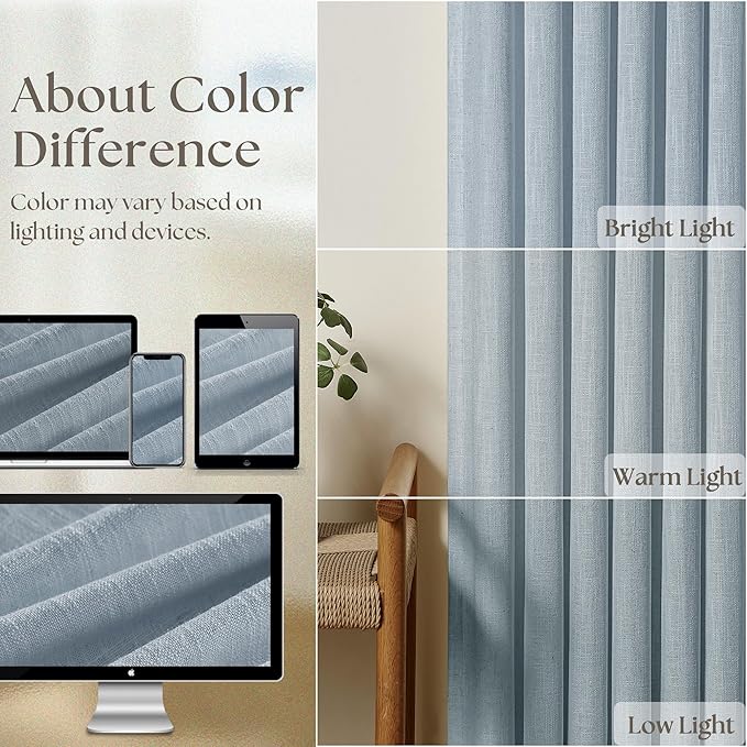 Dusty Blue Linen Pinch Pleated Curtains 108 Inches Long 2 Panels for Living Room Bedroom Light Filtering Drapes 108 Inch Length Sky Grey Blue Semi Sheer Memory Shape Trained Ceiling Floor Curtain