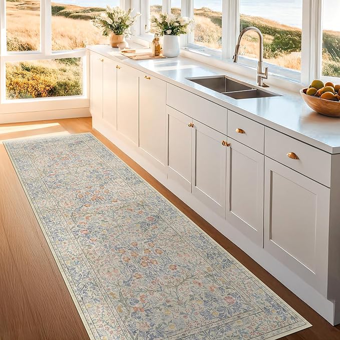 Beige Blue Washable 2x8 Runner Rug for Bathroom, Hallway, Kitchen, Non-Slip & Stain Resistant 8ft Long Entryway Floor Rug, Retro Boho Floral Décor