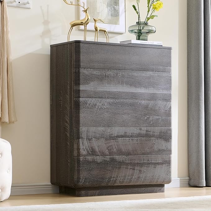 ACCOHOHO Modern 5 Drawer Dresser for Bedroom, 42" Tall Wooden Dressers with Large Storage,Handleless Chest of Drawers for Living Room & Hallway, Curved Profile Design, Grey
