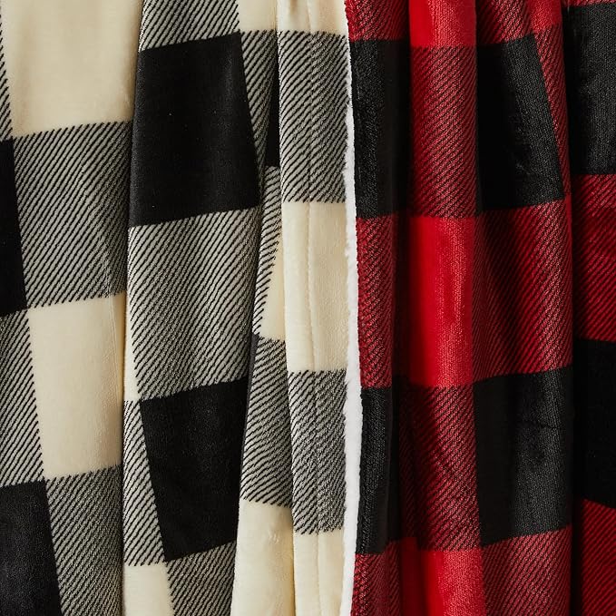 Fleece/Sherpa Throw Blanket - Super Soft Printed Blanket for Couch, Chair, or Bed - Cozy, Luxurious Plush Throw Blanket - Throw 50" x 60", Black/White Buff Check