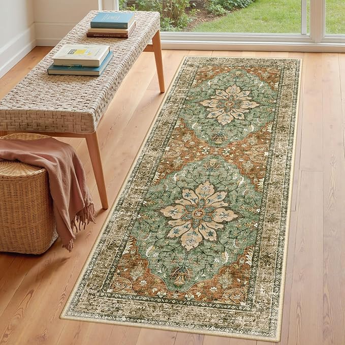 Area Rugs 3'x8' Washable Non-Slip, Floral Vintage Distress Print Pattern Medallion Carpet for Living Room Bedroom Dining Room, Brick Red Rust Neutral Brown Burnt Orange Green