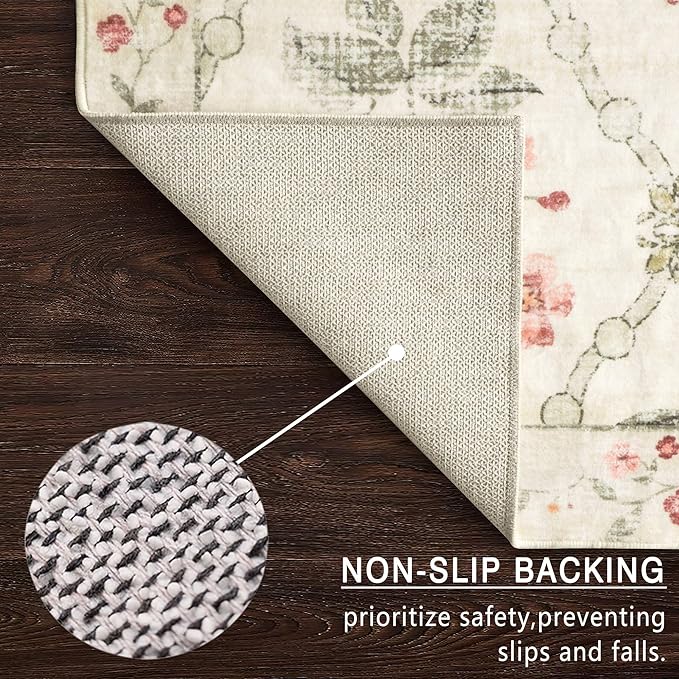 vivorug 5x7 Area Rugs - Ultra-Thin Washable Rug with Non-Slip Backing, Ideal for Living Room, Bedroom, Kitchen Floor Carpet - Modern Pink Floral, Easy Clean, Durable, Low Pile