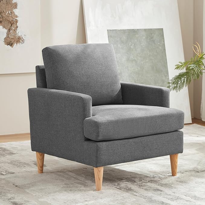 VKNOW Mid-Century Accent Chair, No Tools Assembly Required, Modern Upholstered Polyester Armchair for Living Room,Comfy Reading Accent Chairs with Wood Legs for Bedroom, Dark Grey