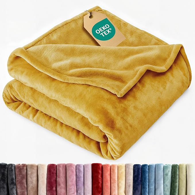 Ultra Soft Fleece Blanket Queen Size - Flannel Fleece Luxury Queen Blanket - Lightweight for Couch Bed Chair - Thick, Warm and Breathable - All Season Cozy Fuzzy, Anti-Static Microplush Bedding, Gold