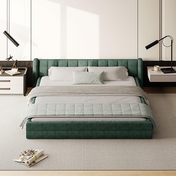 DEINPPA King Size Bed Frame with Cloud Soft Headboard, Chenille Upholstered Grounded Wood Base Bed Frame, No Box Spring Needed-Blue+Green