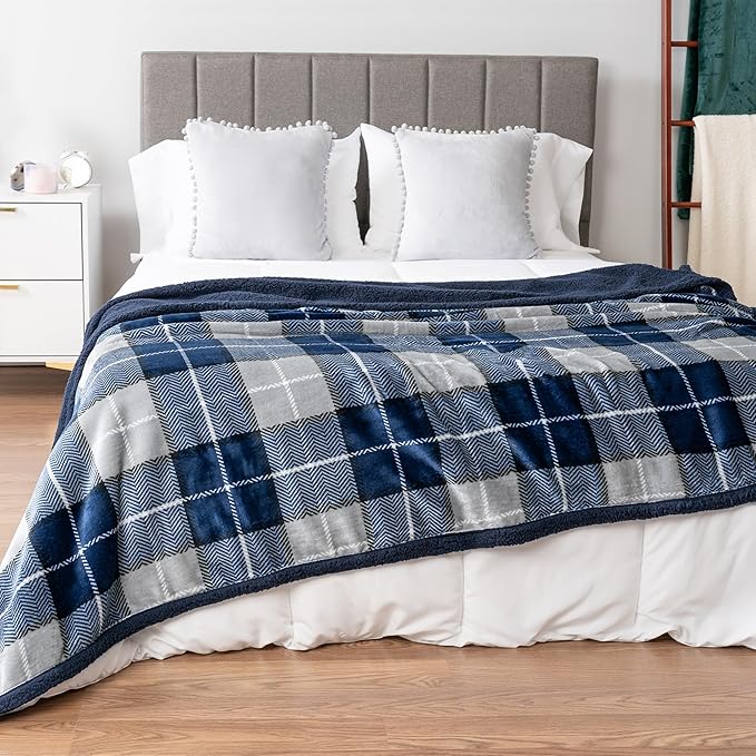 PAVILIA Blue Navy Plaid Sherpa Throw Blanket for Couch Twin, Plush Flannel Fleece, Soft Fuzzy Cabin for Sofa Bed, Warm Cozy Winter Gift, 60x80