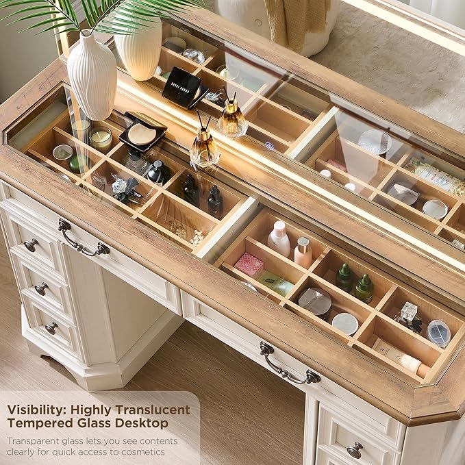 T4TREAM Vanity Desk with Mirror and Lights, 48'' LED Lights Makeup Vanity with 8 Drawers, Farmhouse Vanity Table with 3 Color Modes, Dressing Table with Glass Top and Power (Antique White)