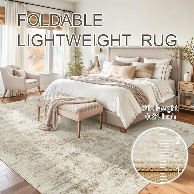 Abstract Rug 5x7 Machine Washable Area Indoor Beige Gray White Low Pile Non-Slip Foldable Thin Accent Rugs for Bedroom Living Room Dining Room Grey