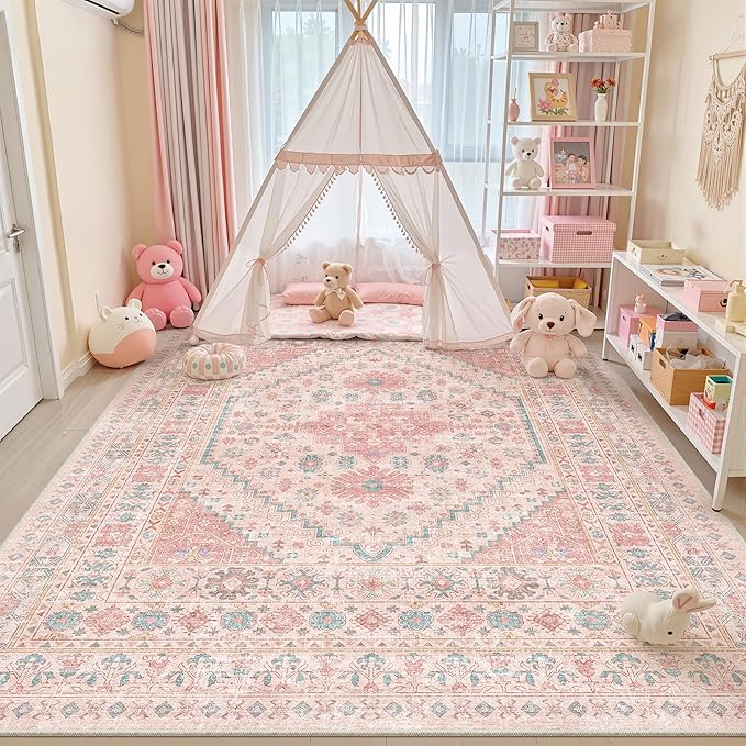 zesthome 8x10 Area Rugs for Girls Bedroom, Non-Slip Backing Washable Rugs, Vintage Large Pink Rug, Stain Resistant Nursery Room Rug (Pink/Blue,8'x10')