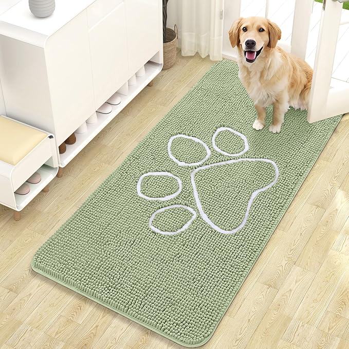OLANLY Dog Door Mat for Muddy Paws 47x24, Paw Print Design, Absorbs Moisture and Dirt, Non-Slip Washable Doormat, Quick Dry Chenille Mud Mat for Dogs, Entry Indoor Entryway Carpet, Sage Green