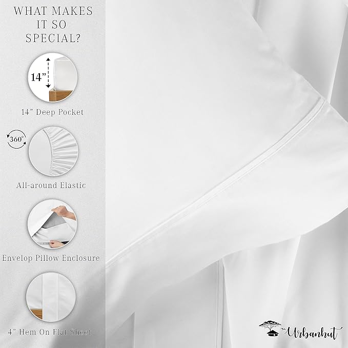 URBANHUT 800 Thread Count 100% Cotton Twin Size Sheets, Luxury 4 Piece Twin Bedsheets, Hotel Sheets Sateen Finish - Better Than Egyptian, 14" Elasticized Deep Pocket - White