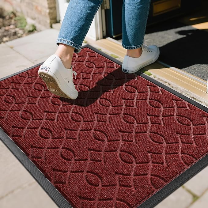 Yimobra Outdoor Mats for Front Door 29.5x17, All-Season Waterproof Doormat Outdoor Entrance, Heavy Duty Non-Slip Outside Door Mat for Garage Patio Proch Entryway Indoor, Red