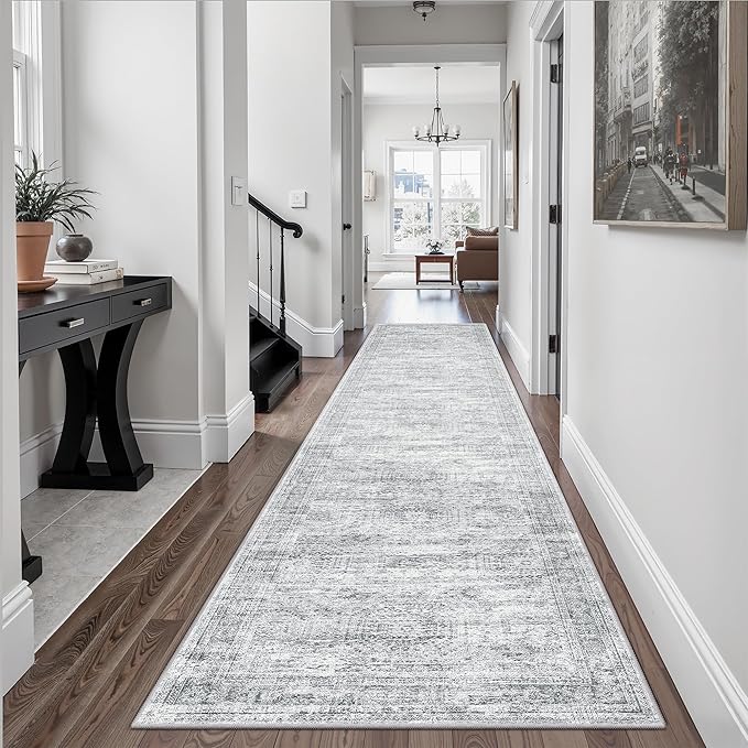 Runner Rug 2'6" x 12' Washable Non-Slip Runner Rugs for Kitchen Bathroom Laundry Room Vintage Ultra Thin Runners for Hallway Entryway Grey