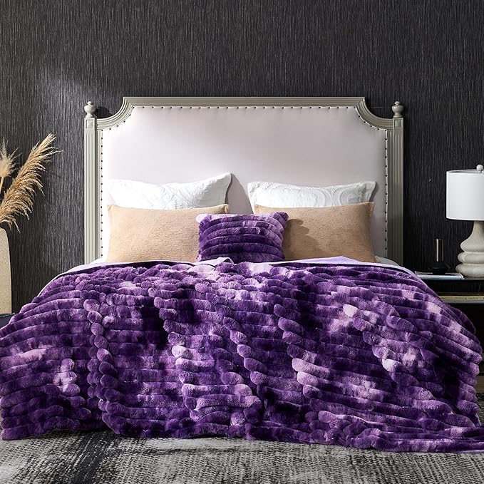 Cozy Bliss Faux Fur Throw Blanket for Couch, Cozy Warm Plush Striped Blanket for Sofa Bedroom Living Room, 108 * 90 Inches Tie-dye Purple