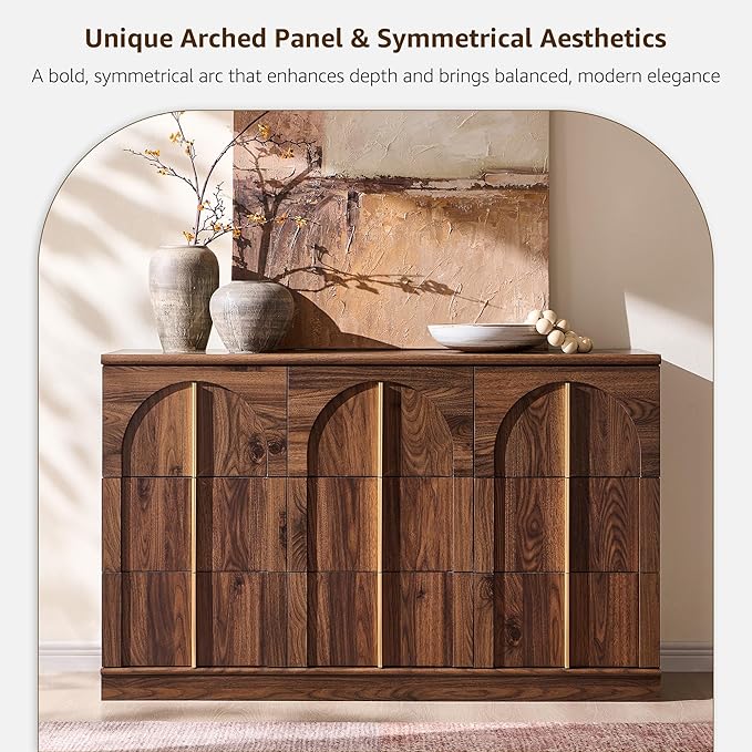 ACCOHOHO Arched Dresser for Bedroom with 9 Drawers, 52" Wide Modern Chest of Drawers with Rounded Edge & Metal Handles, Wood Storage Closet Dressers TV Stand for Living Room, Hallway, Brown
