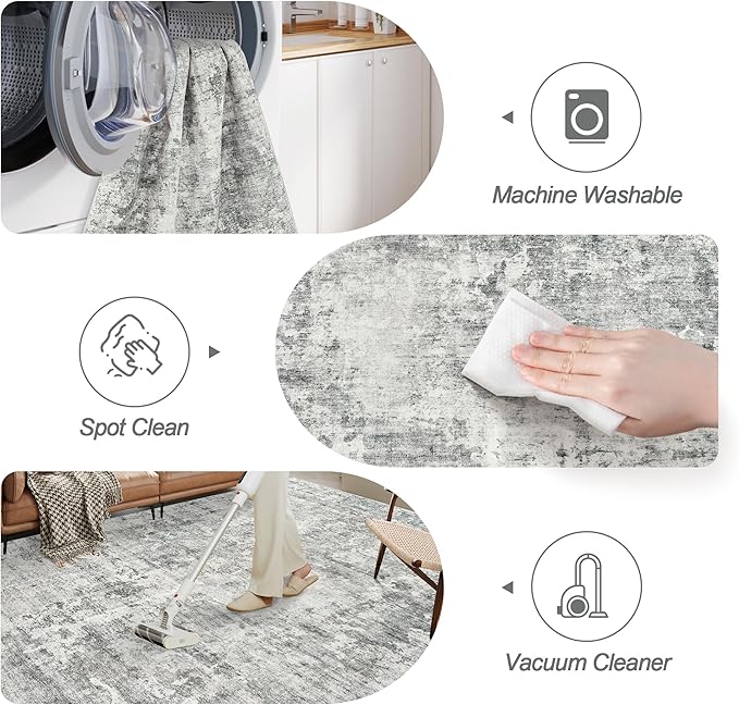 Abstract Rug 5x7 Machine Washable Area Indoor Grey White Low Pile Non-Slip Foldable Thin Accent Rugs for Bedroom Living Room Dining Room