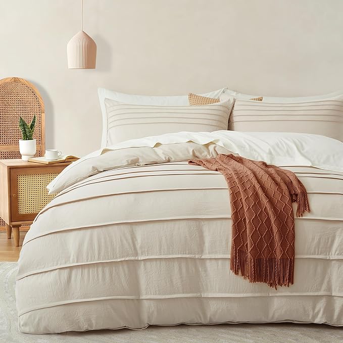 Oli Anderson Light Khaki Duvet Cover Queen Size - Pleated Queen Duvet Cover, 3PCS Soft and Breathable Textured Bedding Set with Zipper Closure(Light Khaki,90"x90")