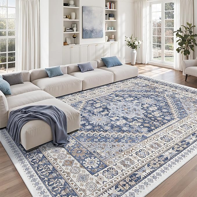 zesthome 8x10 Area Rugs for Living Room,Non-Slip Backing Washable Rugs,Vintage Large Area Rug,Stain Resistant Home Decor Rug (Blue/Beige,8'x10')