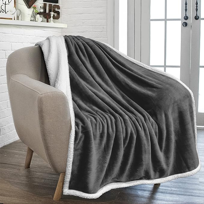 PAVILIA Sherpa Fleece Throw Blanket for Couch, Twin Size, Dark Grey, Plush Soft Fuzzy Sofa Blanket, Cozy Reversible Winter Throw for Women Men, 60x80 Inches