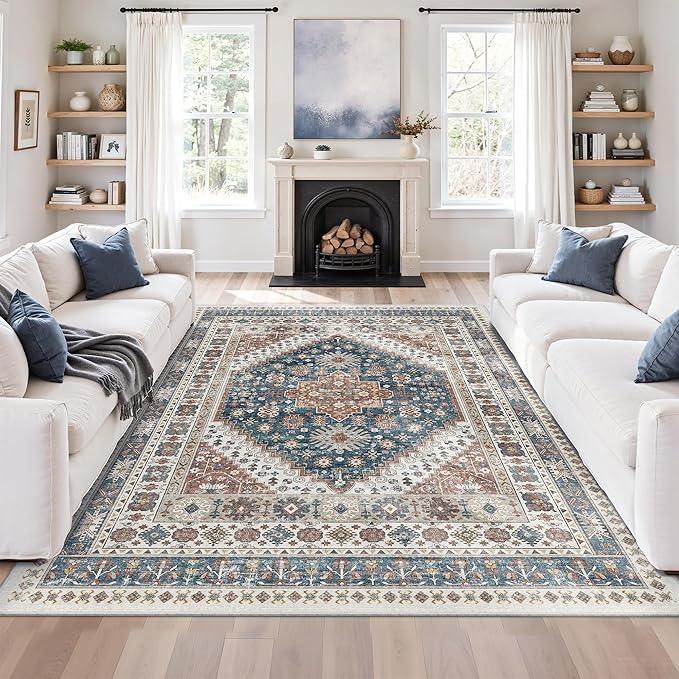 zesthome 6x9 Area Rug, Super Soft Washable Rugs for Living Room, Non-Slip Stain Resistant Vintage Rugs, Ultra-Thin Large Area Rugs (Navy Blue/Red,6'x9')