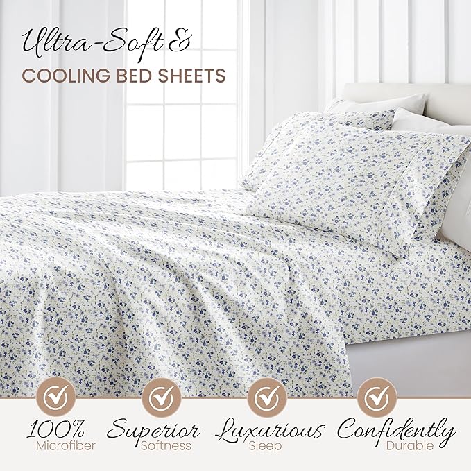 Linen Market Double-Brushed Patterned Microfiber California King Sheet Set 4 Piece – OEKO-TEX Certified Ultra Soft & Wrinkle-Free - 16" Deep Pocket Sheets Easy Care Cal-King Size - Blossoms Light Blue