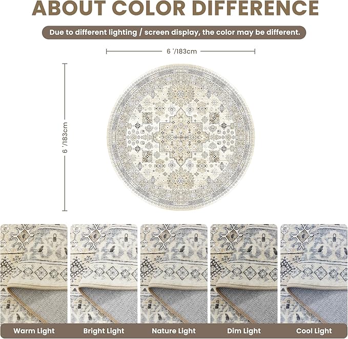 zesthome Washable Round Area Rugs - Non-Slip 6ft Round Rugs, Ultra-Thin Large Circle Rugs for Living Room, Soft Low Pile Rug for Bedroom, Kitchen, Nursery - Vintage Stain Resistant Round Rug