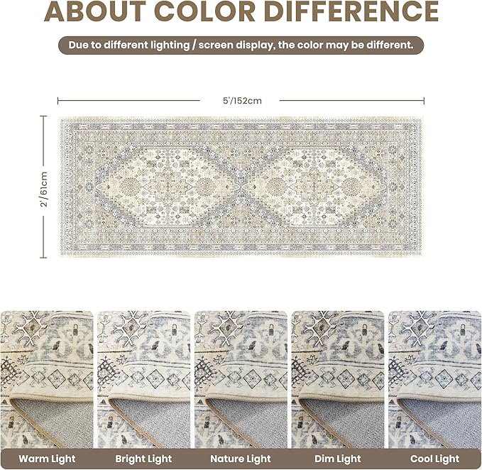 zesthome Runner Rug 2x5 - Stain Resistant Machine Washable Rug, Non Slip Vintage Hallway Runner Rugs, Low Pile Lightweight Runners for Kitchen, Entryway and Corridor
