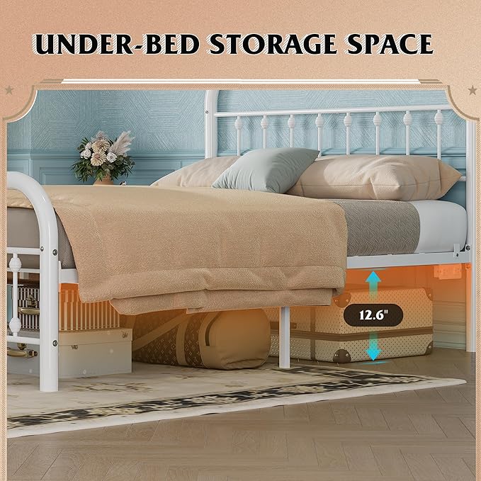 WLIVE Metal Platform Bed Frame, Full Size Bed Frame with Headboard, Bed Frames with LED Lights and Charging Station, 1500LBS Mattress Foundation, Under Bed Storage, No Box Spring Needed, White