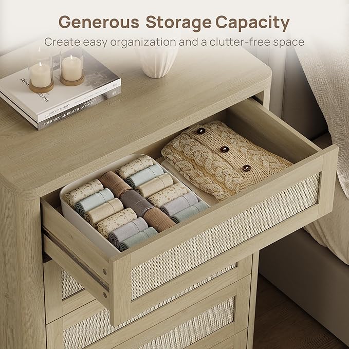 SICOTAS Tall Dresser for Bedroom - Rattan 5 Drawer Dressers Chest of Drawers with Push-to-Open Design, Boho Extra Deep Clothes Dresser with Large Storage for Closet, Living Room, Sand Oak, 2PCS