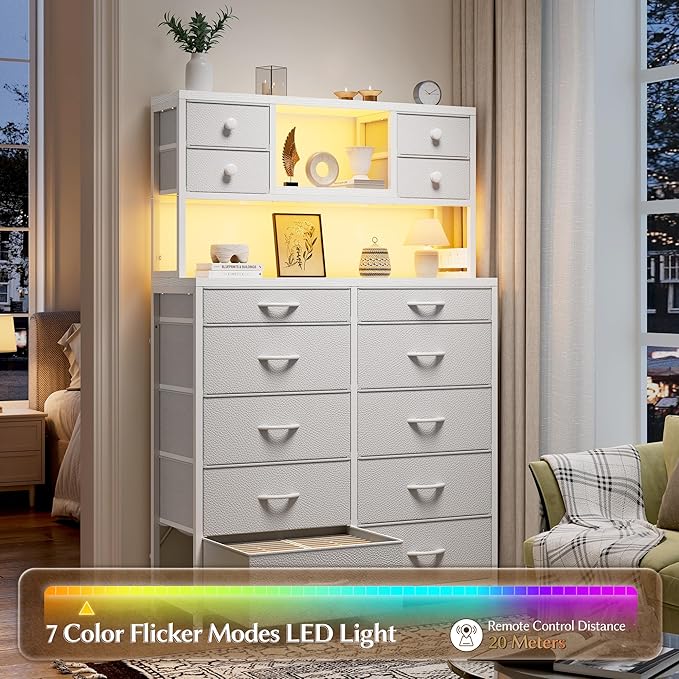 EnHomee 62.8" H Dresser for Bedroom with 14 Fabric Drawers,White Dresser with Charging Station and LED Lights,Dressers & Chests of Drawers for Bedroom, Steel Frame & Wooden Top, Entryway