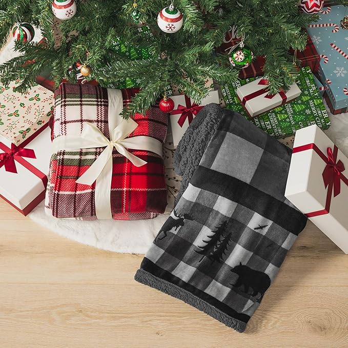 Pavilia Winter Cabin Sherpa Blanket Throw | Flannel Fleece Christmas Plaid Blanket | Plush, Soft, Warm, Cozy, Reversible Microfiber Throw 50x60 (Grey)