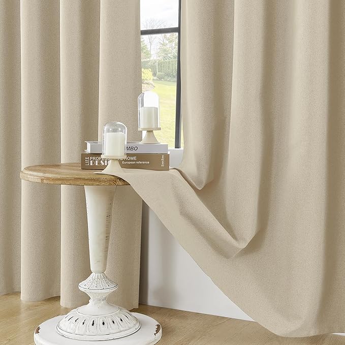 ChrisDowa 100% Blackout Natural Solid Curtains 84 Inches Long 2 Panels for Bedroom Living Room,Farmhouse Room Darkening Thermal Insulated Soundproof Grommet Top Window Treatment Drapes,52x84