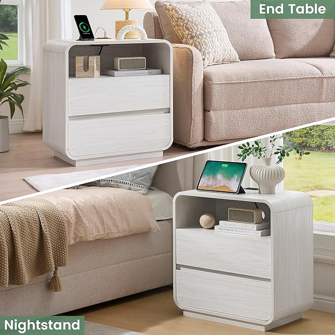 White Nightstand Set of 2 with Charging Station, 23.2" Wide Wood Bedside Table, Modern End Table with 2 Storage Drawers, Curved Profile, Handleless, Mid Century Night Stand for Bedroom