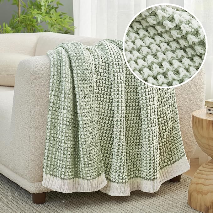 Amélie Home Waffle Chenille Throw Blanket for Couch, Pineapple Stitch Knit Soft Cozy Knit Blanket Decorative Throw for Sofa, Chair, 50"x60", Sage Green&Ivory