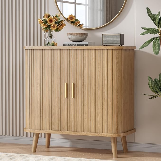 Buffet Cabinet with Storage, Curved-Edge Fluted Storage Cabinet Sideboard, Modern Black Sideboard Buffet with Adjustable Shelves & Sliding Door for Dining Room, Kitchen, Entryway (Oak)