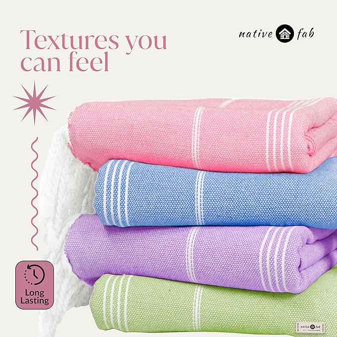 Native Fab 4 Pack Turkish Cotton Beach Towels, Oversized, Soft, Sand Free, Absorbent, Quick Dry, Lightweight for Bath, Pool, Travel, Spa - Rose Pink, Sky Blue, Lavender, Lemon Green