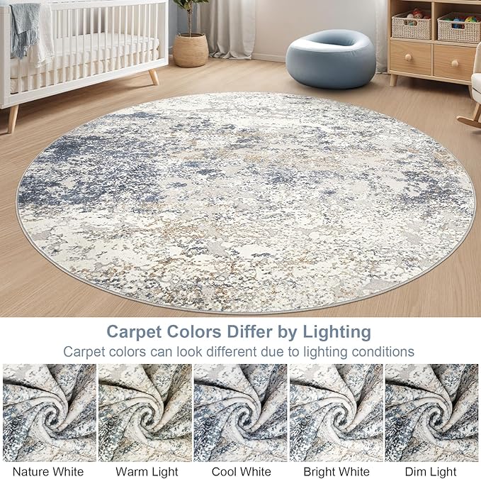 8ft Round Area Rug Living Room Rugs - 8x8 Washable Large Soft Indoor Neutral Modern Abstract Low Pile Rug Carpet for Bedroom Dining Room Farmhouse Home Office - Beige Blue