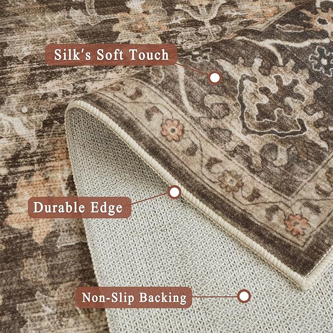 5x7 Area Rugs - Ultra-Thin Washable Rug with Non-Slip Backing, Ideal for Living Room, Bedroom, Dining Room Indoor - Vintage Floral, Easy Clean, Durable, Low Pile Rug Black