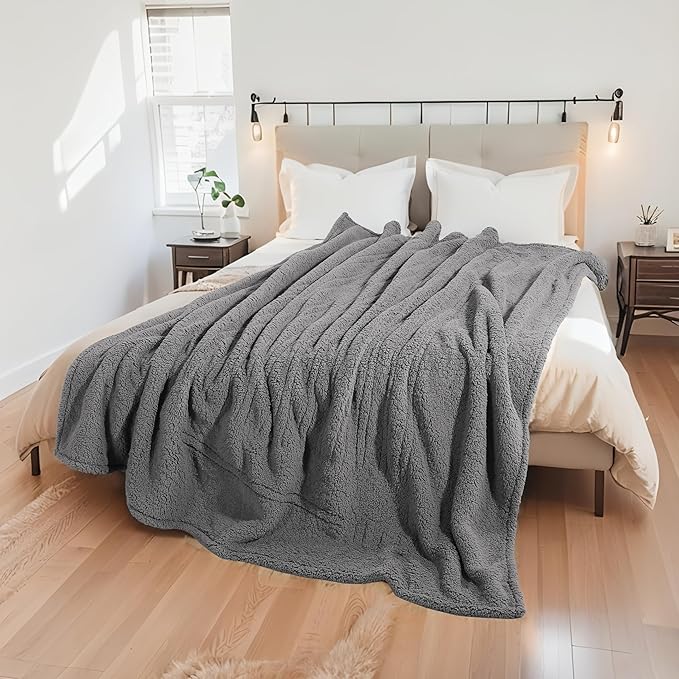Electric Heated Blanket 6 Heating Settings & 3 H Auto Off Throw Size 50×60 Double Sided Plush Sherpa Ultra-Soft Warm Thick, Machine Washable, Fast Heating, Home Office Light Gray