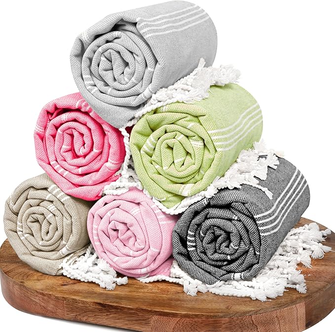 Native Fab Oversized 6 Pack Turkish Towels, 100% Cotton, 40"x71", Thin, Lightweight, Fast Dry, Sand Free, Soft, Compact for Travel, Ideal for Beach, Bath, Pool, Gym, Spa, Summer - Assorted 6 Colors