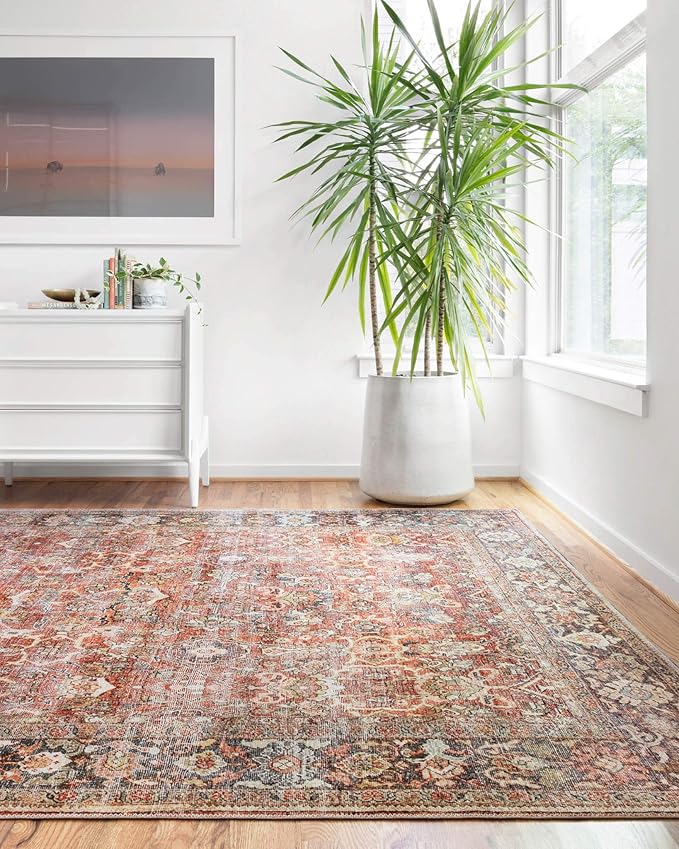 Loloi Layla Collection LAY-02 Spice/Marine 2'-6" x 7'-6" .13" Thick Runner Rug, Soft, Durable, Vintage Inspired, Distressed, Low Pile, Non-Shedding, Easy Clean, Printed, Living Room Rug