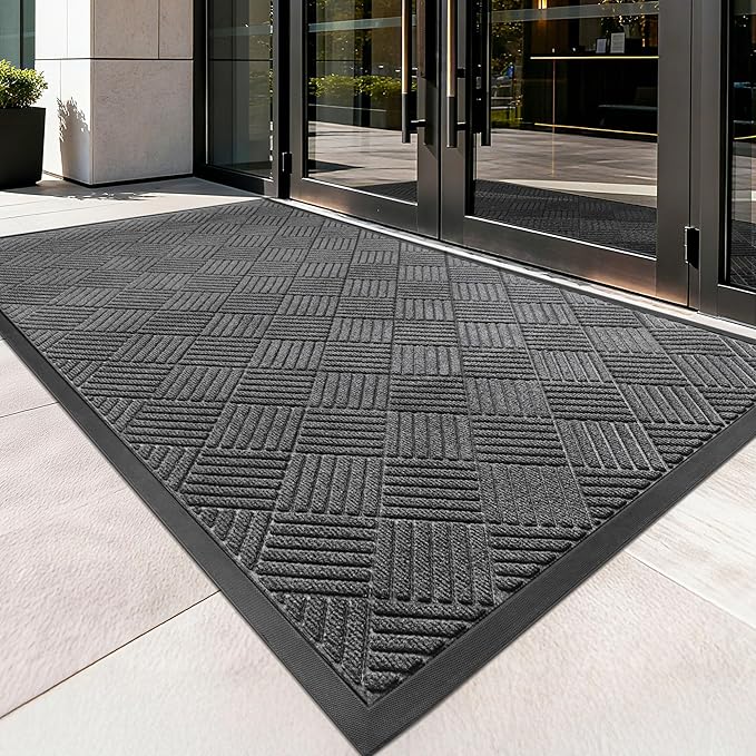 Front Door Mat, Heavy Duty Indoor Outdoor Doormat, 60” x 48” Low Profile Outdoor Mats for Home Entrance, Stain and Fade Resistant Welcome Mat, Ideal for High Traffic Area, Diamond Grey