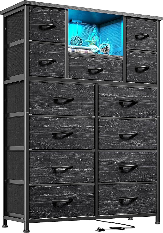 Dresser for Bedroom with 13 Fabric Drawers, Black Dresser with LED & 4 Charging Ports, 47''H Chest of Drawers with Open Storage Shelves for Hallway, Entryway